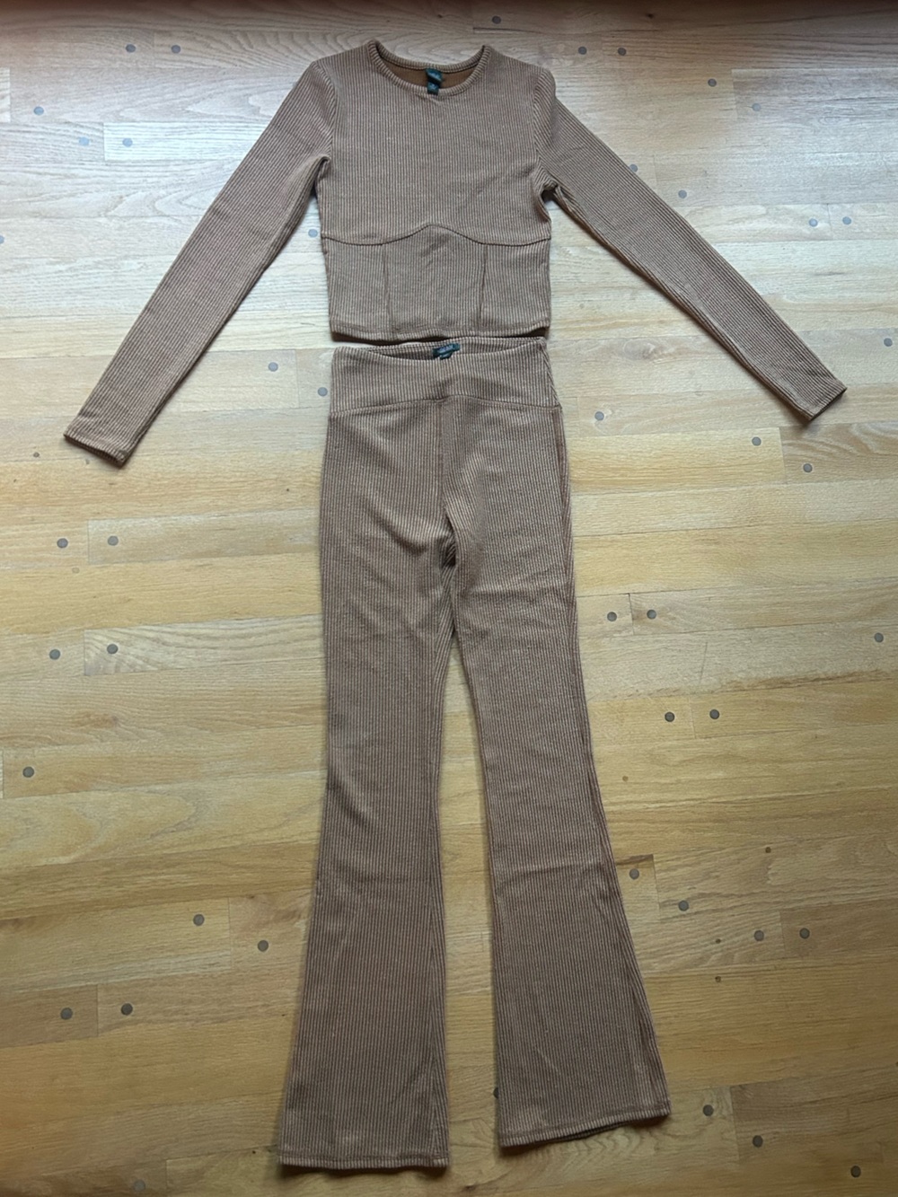 wild fable Ribbed Two-Piece Flare Set in Tan